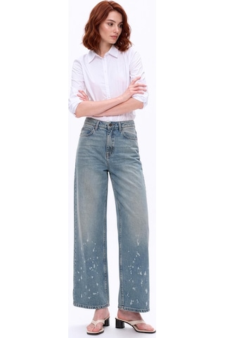 Bluew White Kadın Açık Mavi Yüksek Bel Wide Leg Boya Efektli Jean Pantolon