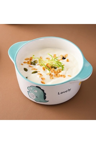 Porselen Pişirme Kabı - Dinazor Desenli 600ml Beyaz - Yeşil
