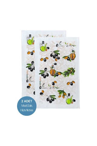 2li Paket Baskılı Beyaz Mutfak Havlusu Modeli Zeytin