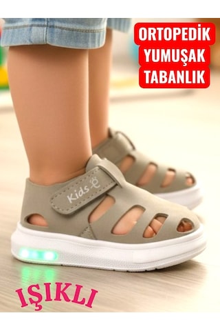 Ellaboni Işıklı Cırt Cırtlı Kız Çocuk Beyaz Yumuşak Ortopedik Taban Spor Sandalet Terlik Haki