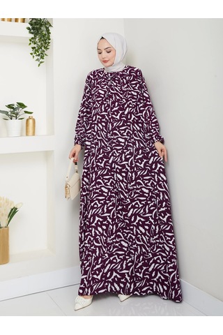 Desenli Önü Büzgülü Viskon Elbise - Mor / E0131 Mor