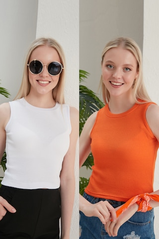 Catspy Kadın Halter Yaka 2'li Crop Bluz Atlet Beyaz - Turuncu