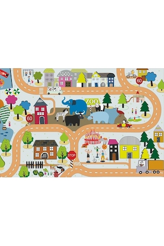 Kaymaz Tabanlı Ince Yıkanabilir Çocuk Halısı Trafik Zoo