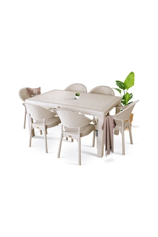 Bambu Pro 90x150cm Rattan Bahçe Balkon Masa Takımı 6 Kişilik Camsız Set Cappuccino