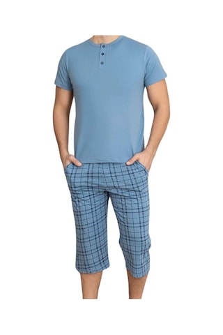 Guava Erkek Bisiklet Yaka 3 Düğmeli Ekose Desen Modal Kısa Kol Cepli Kapri Pijama Takımı Mavi