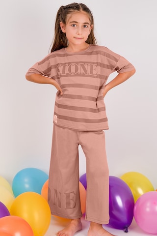 Kız Çocuk Eşofman Takımı Çizgili İspanyol Paça B17 Pudra