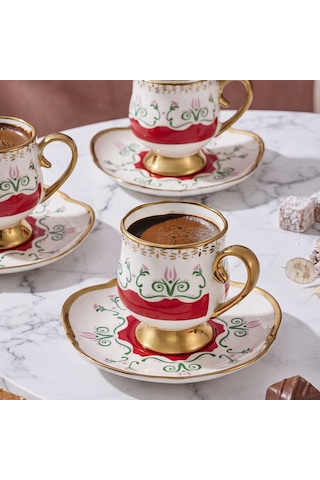Aryıldız Eros 12 Parça 6 Kişilik Kahve Fincan Takımı Kırmızı 90 Ml Çok Renkli