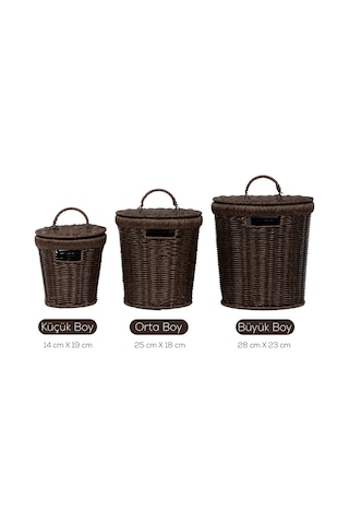 Porsima Pbt-920-1 3lü Hasır Sepet Kapaklı Bambu Sepet Seti Dekoratif Banyo Mutfak Düzenleyici Organizeri Kahverengi