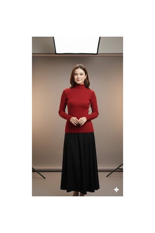 Sonbaharmoda Kadın Boğazlı Triko Badi Kazak Esnek Likralı, Yumuşak Dokulu, 100% Akrilik Kırmızı