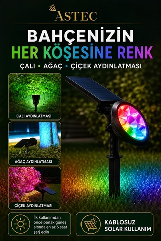 Astec Solar Güneş Enerjili Rgb Kazıklı Bahçe Aydınlatma Lambası 18w Dış Mekân Led Spot Çok Renkli