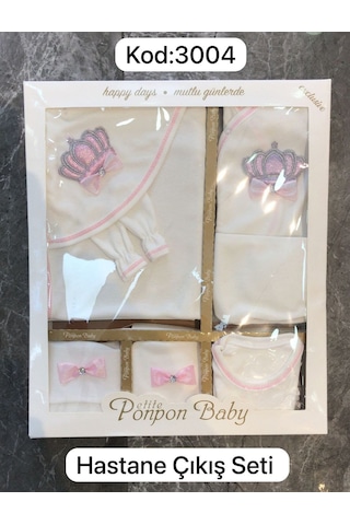 Ponpon Baby Kral Taçlı Desenli 10 Lu Hastane Cıkışı Seti Beyaz - Pembe