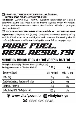 Vitafy Arginine Hcl 50 Servis Aromasız 250 G