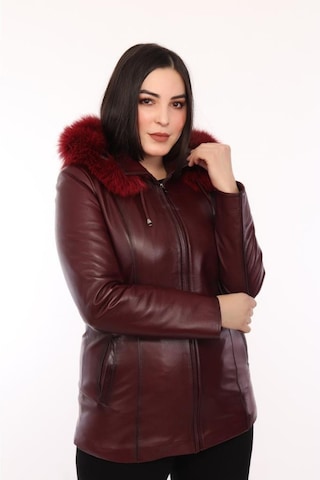 Hakiki Kuzu Derisi Kürklü Ceket Kadın Bordo Kışlık Suya Dayanıklı Ceket Bordo