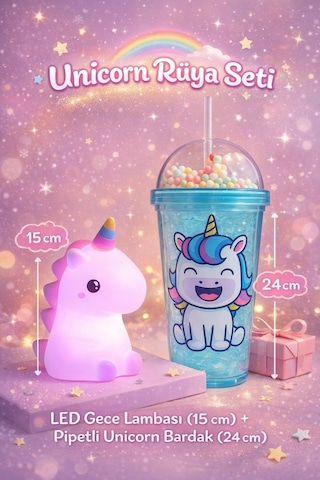 2 Li Set Işıklı Renkli Unicorn Figürlü Gece Lambası & Pipetli Boncuk Detaylı Suluk Bardak Mavi 450ml Set