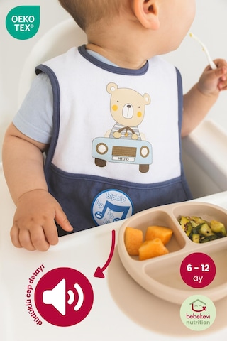 Düdüklü Cepli Sıvama Mama Önlüğü - Arabalı Ayıcık Mavi Bebek Önlüğü Koyu Mavi