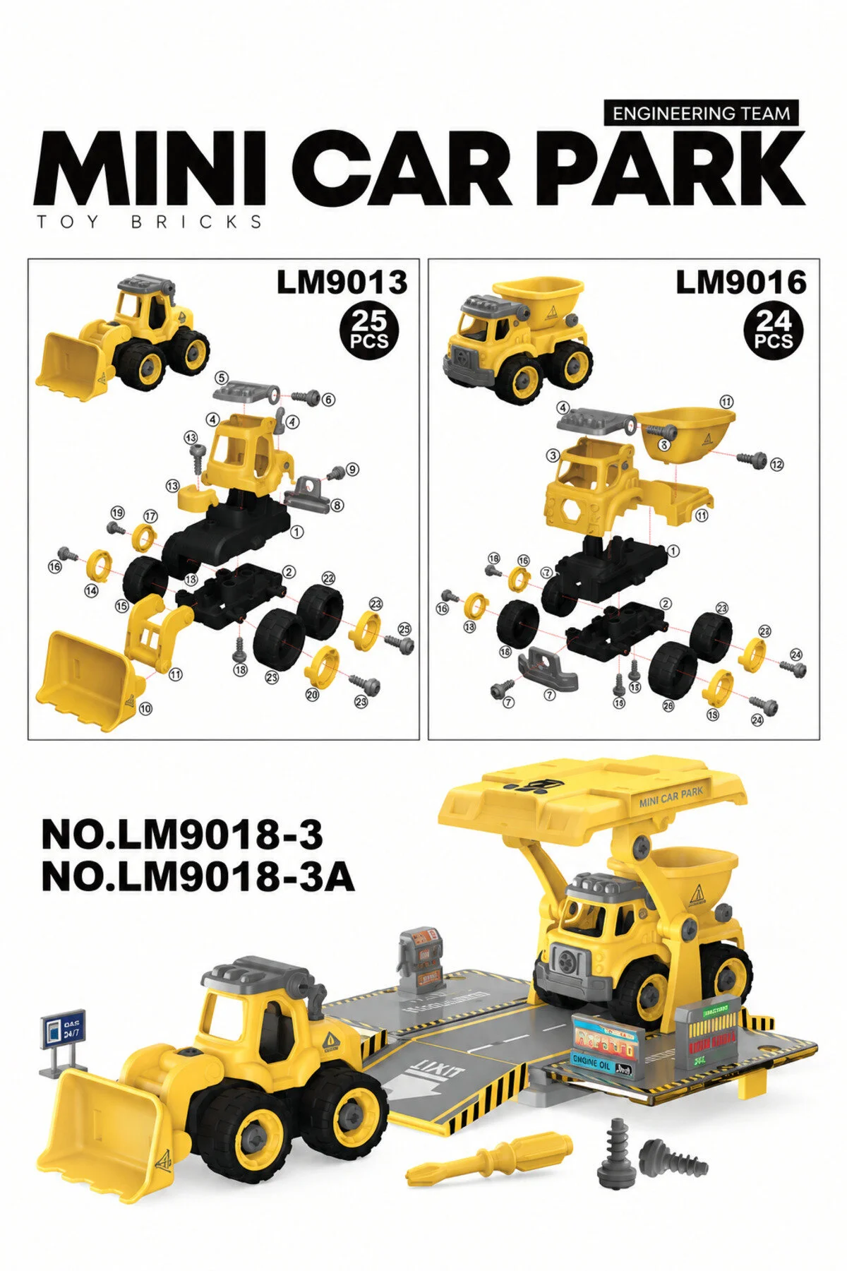Metito Toys Sök-tak Otopark Seti, 70+ Parça, 2 Araç + 1 Otopark, Buldozer Ve Kum Kamyonlu, 3+ Yaş Hardal Sarısı