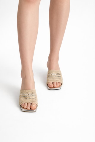 Tual Shoes Kadın Silver Bej Örgü Detaylı Topuklu Terlik Bej - Gümüş