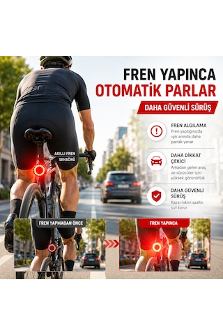 Kenly Akıllı Bisiklet Arka Stop Lambası Fren Sensörlü Type-c Şarjlı Ipx6 Su Geçirmez Led Arka Işık Siyah