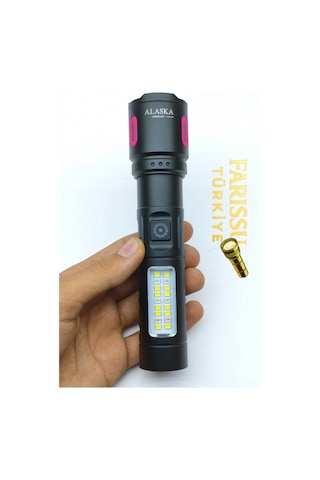 Alaska Şarjlı Led El Feneri 1500 2000 Lümen Zoomlu 500 600 M Çift Işık Modlu Type-c Şarjlı Siyah