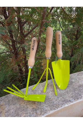 Mini Bahçe El Aletleri 3 Lü Set Dayanıklı Ahşap Saplı Çapa, Kürek, Tırmık Balkon Ve Saksı Bahçesi İçin