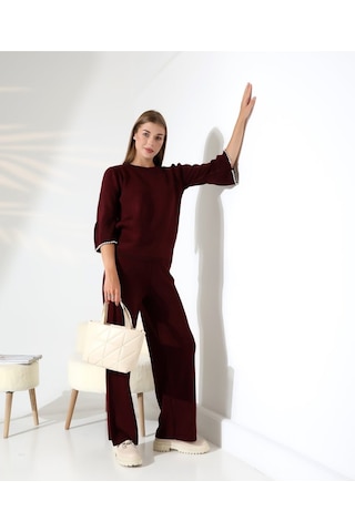 İnci Volanlı Kol Detaylı Triko Takım Bordo