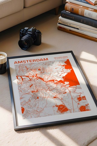 Amsterdam Hollanda Haritası Çerçeveli Tablo Lüks Salon Ofis Duvar Dekorasyonu Hediyelik Tablo