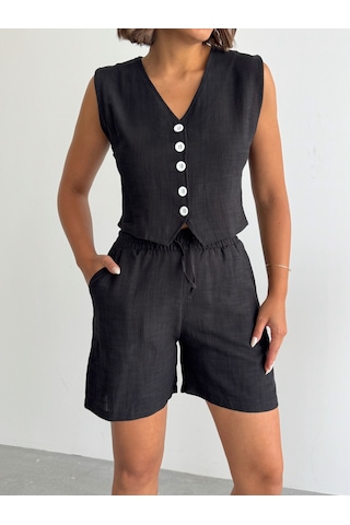 Kadın Keten Yelek Şort Alt Üst Takım Siyah