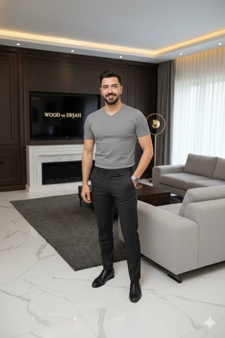 Lüx Wood Lüx Erşah V Yaka Yarım Kol %95 Pamuk %5 Likra 36/1 Süprem Penye Tişört Gri