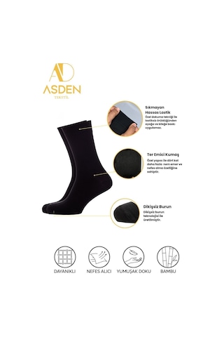 Asden Bambu Erkek Beyaz Soket Çorap 12'li Paket, Burun Dikişsiz, Yıkamalı 4 Siyah