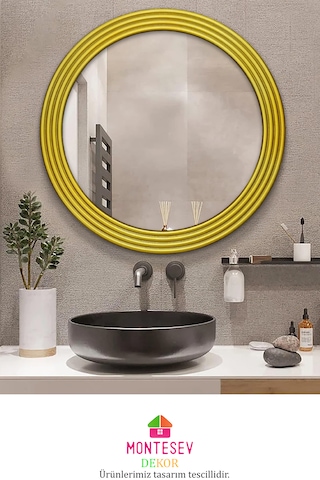 Zümrüt Ahşap Gold Yuvarlak Ayna Işlemeli Duvar Banyo Aynası 43 Cm Gold