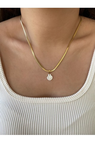 Sedef Taşlı Deniz Kabuğu İtalyan Zincir Çelik Kolye