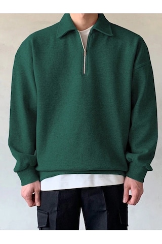 Genıus Store Erkek Polo Yaka Oversize Sweatshirt Yarım Fermuar Sweatshirt Oversıze-sweatshırt Yeşil
