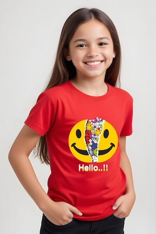 Panios Kids Emoji Baskılı Kız Çocuk Kısa Kollu T-shirt Kırmızı
