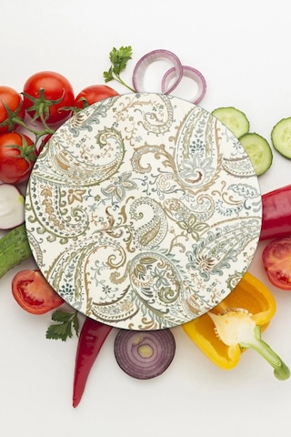 Decovetro Cam Kesme Tahtası Ve Sunumluk Yuvarlak Şal Desenli 30 X 30 Cm Çok Renkli