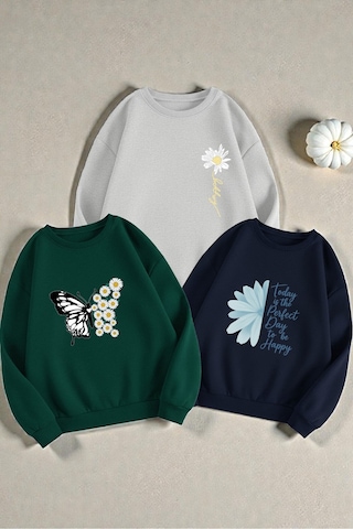 Uyguntarz Çok Renkli En Sevilen Papatya Serisi Baskılı Sweatshirt 3'lü Fırsat Paketi
