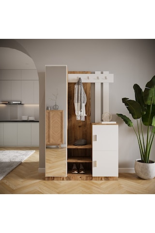 Robin Home Liva Aynalı Vestiyer Portmanto Ayakkabılık Çam-beyaz