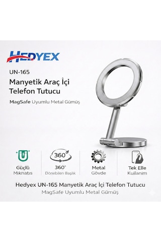 Hedyex Un-165 Manyetik Araç İçi Telefon Tutucu Magsafe Uyumlu Metal Gümüş