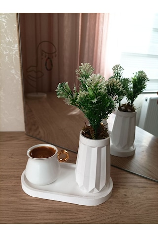 Mini Düz Desenli Beton Saksı Tekli Ve Oval Tabak - Yapay Çiçek Hediyeli - Beyaz Tomurcuk