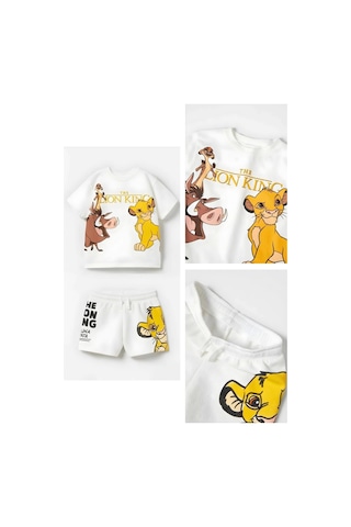 Unisex Çocuk Aslan Lion King Baskılı Pamuklu Bisiklet Yaka Beyaz T - Shirt Ve Şort Alt Üst Takım Beyaz