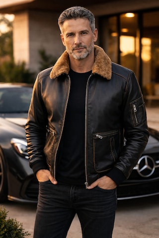 Viamod Leather Erkek Hakiki Deri Ceket Kürk Yakalı Siyah Premium Pilot Model Gerçek Deri Mont Üretici Garantili Siyah Eskitme