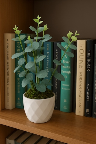 Dekoratif Yapay Eucalyptus Beton Saksıda Masaüstü Çiçek 27x20 Cm Beyaz