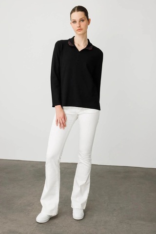 Desen Triko Kadın Polo Yaka Likralı Bluz 25091 Siyah Siyah