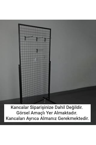 Tekerlekli Sık Telli Tel Raf - Tel Pano Stand, Duvar Askılığı 90x190 Cm Siyah