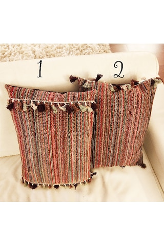2 Adet Çizgili Boho Püsküllü Kadife İçi Dolgulu Dekoratif Yastık, Hippi Yastık, Pastel Kırmızı Kahverengi Yeşil Beyaz İç Mekan Hediyesi