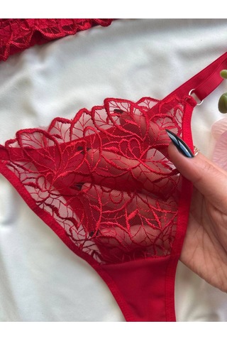 Noateks Kırmızı Yaprak Desenli Transparan Tül Ve Dantel Detaylı Bralet Takım Kırmızı