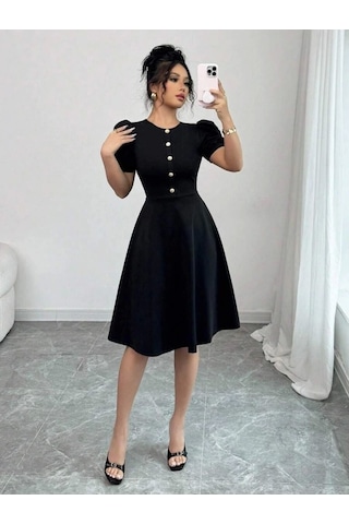 Defymoda Kadın Kısa Kollu Bisiklet Yaka Önden Düğmeli Ithal Krep Elbise Siyah