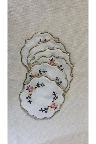 Nivemeshome Kanaviçe Nakışlı Sarı-pembe Oval 6 Adet Keten Kokteyl Peçetesi Kahve Yanı Sunumluk Çok Renkli