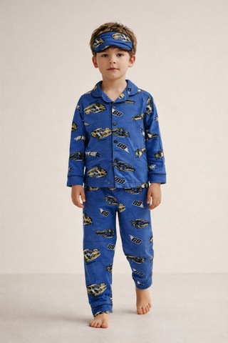 Beka Kids Desenli Uzun Kollu Önden Düğmeli Gömlek Yaka Erkek Çocuk Pijama Takımı Ve Göz Bandı Mavi