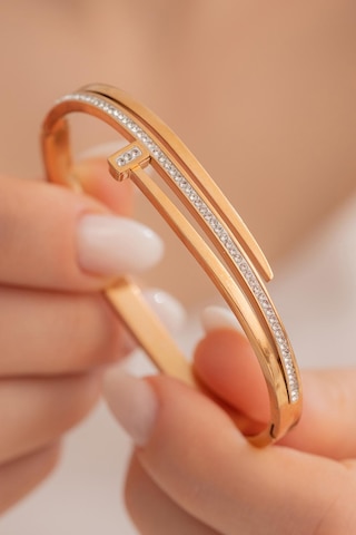 Kadın Çelik Bileklik - Rose Kaplama Kararmaz Taşlı Çivi Model 3 Sıra Kadın Kelepçe