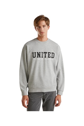 United Colors Of Benetton Erkek Önü Baskılı Ribanalı Yuvarlak Yaka Sweatshirt Gri Melanj